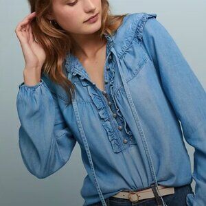 Anthropologie Maeve Ruffled Yoke Chambray Shirt